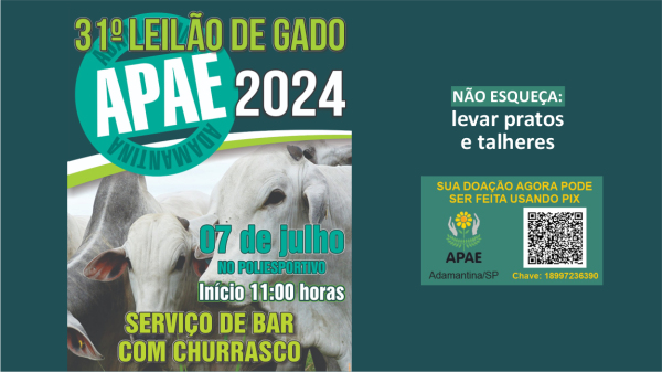 Apae de Adamantina realiza almoço e leilão beneficentes neste domingo (7)