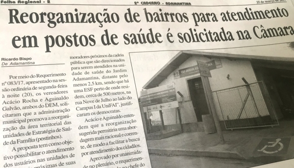 Reportagem do jornal Folha Regional dá destaque a pedido para que saúde reorganize a vinculação dos bairros às unidades básicas de saúde (Foto: Reprodução).