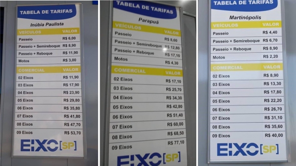 Imagens mostram previsão dos valores de pedágio nas três praças que têm operação autorizada pela Artesp (Reprodução).